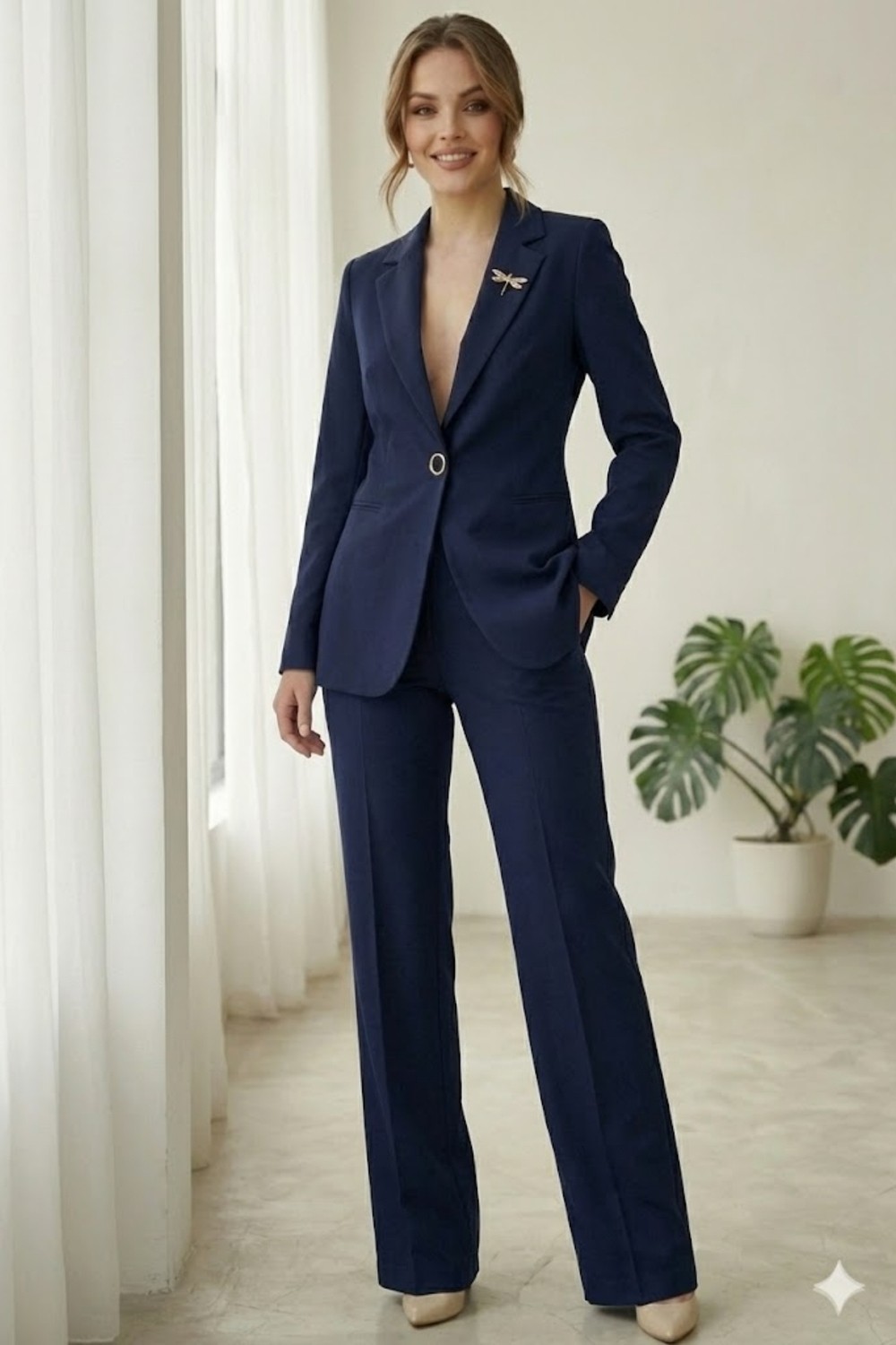 Diaves Beyaz Kadın Aksesuarlı Astarlı Tek Düğme Blazer Ceket & Kumaş Pantolon Takım Elbise görsel 3