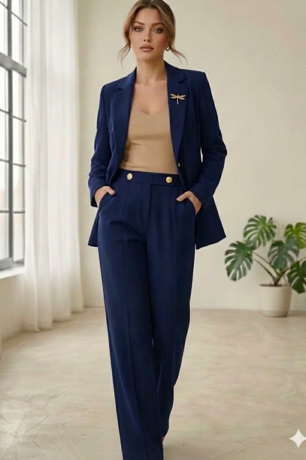 Diaves Beyaz Kadın Aksesuarlı Astarlı Tek Düğme Blazer Ceket & Kumaş Pantolon Takım Elbise görsel 4