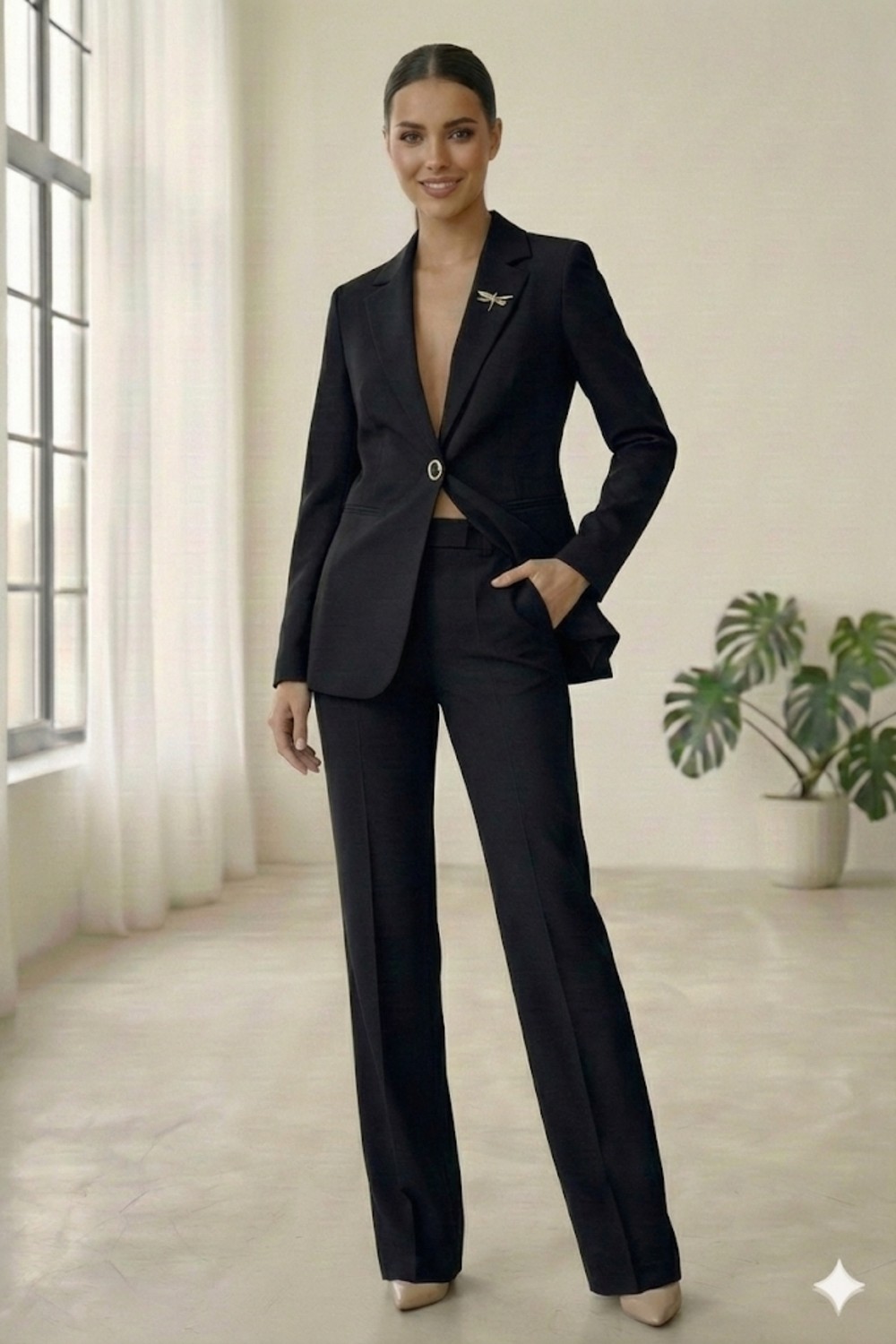 Diaves Beyaz Kadın Aksesuarlı Astarlı Tek Düğme Blazer Ceket & Kumaş Pantolon Takım Elbise