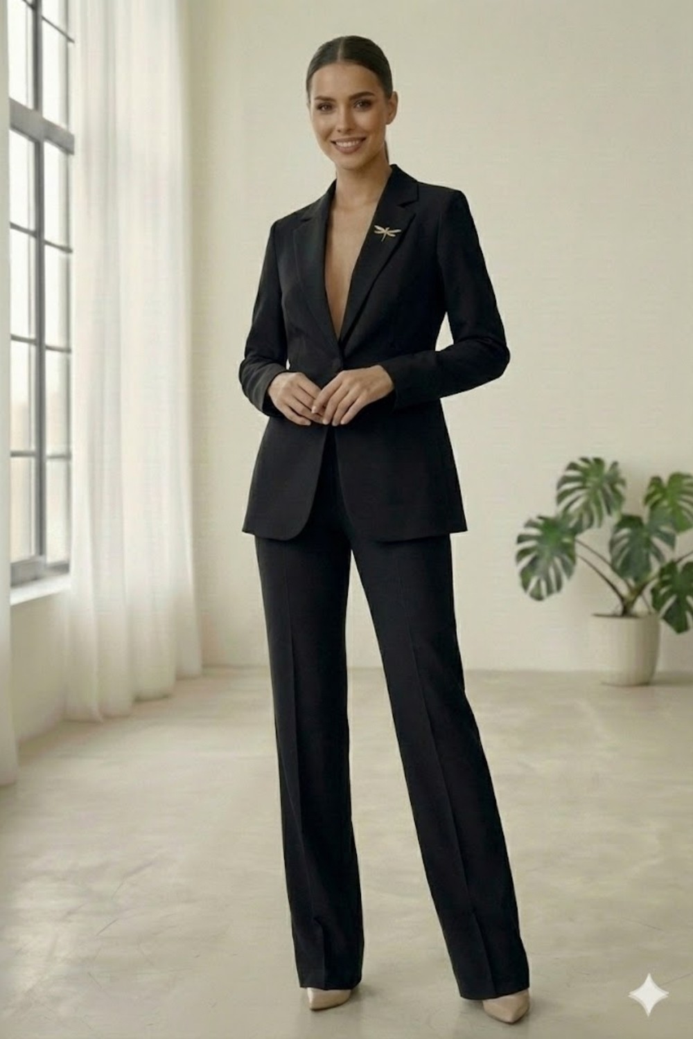 Diaves Beyaz Kadın Aksesuarlı Astarlı Tek Düğme Blazer Ceket & Kumaş Pantolon Takım Elbise görsel 7
