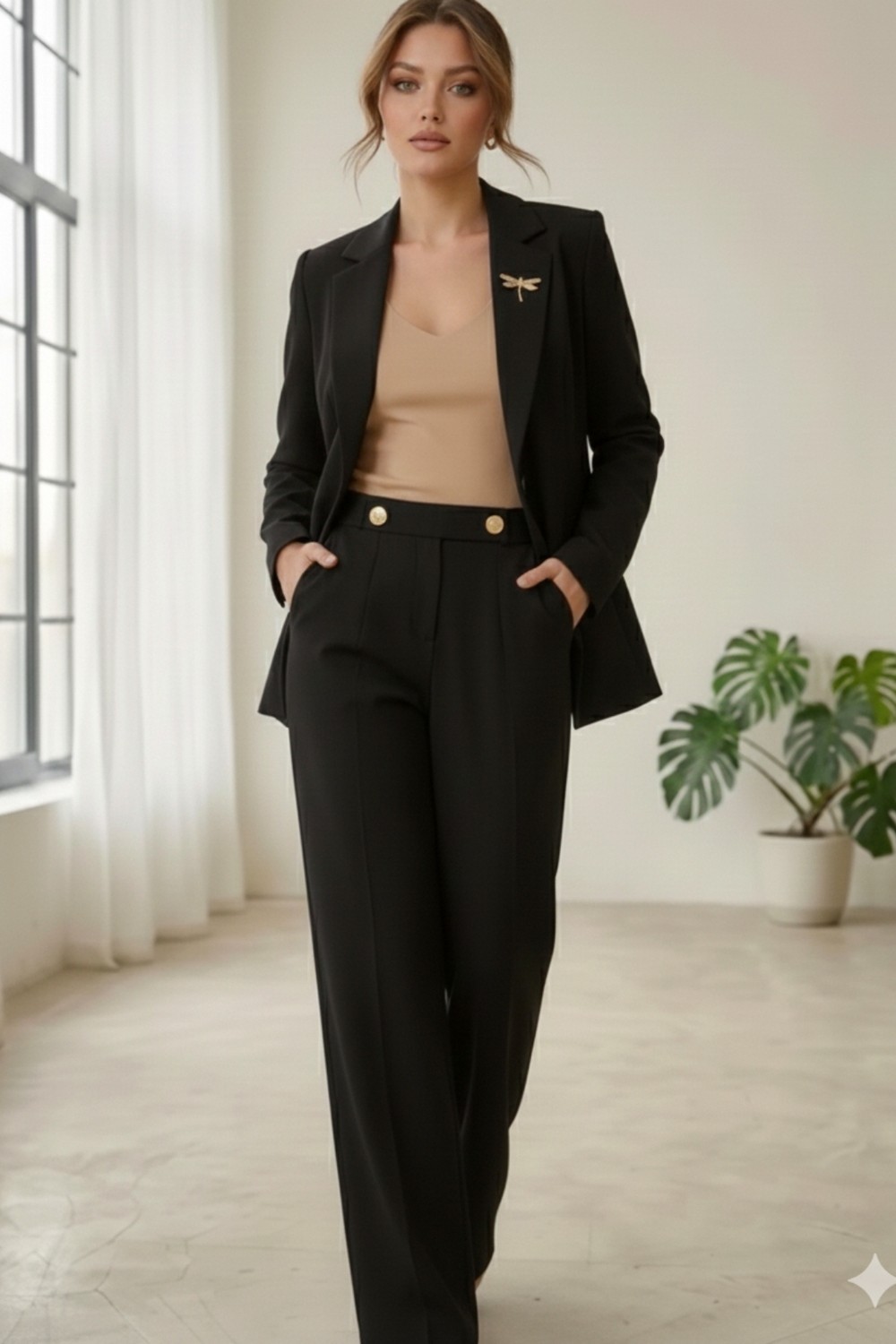 Diaves Beyaz Kadın Aksesuarlı Astarlı Tek Düğme Blazer Ceket & Kumaş Pantolon Takım Elbise görsel 8