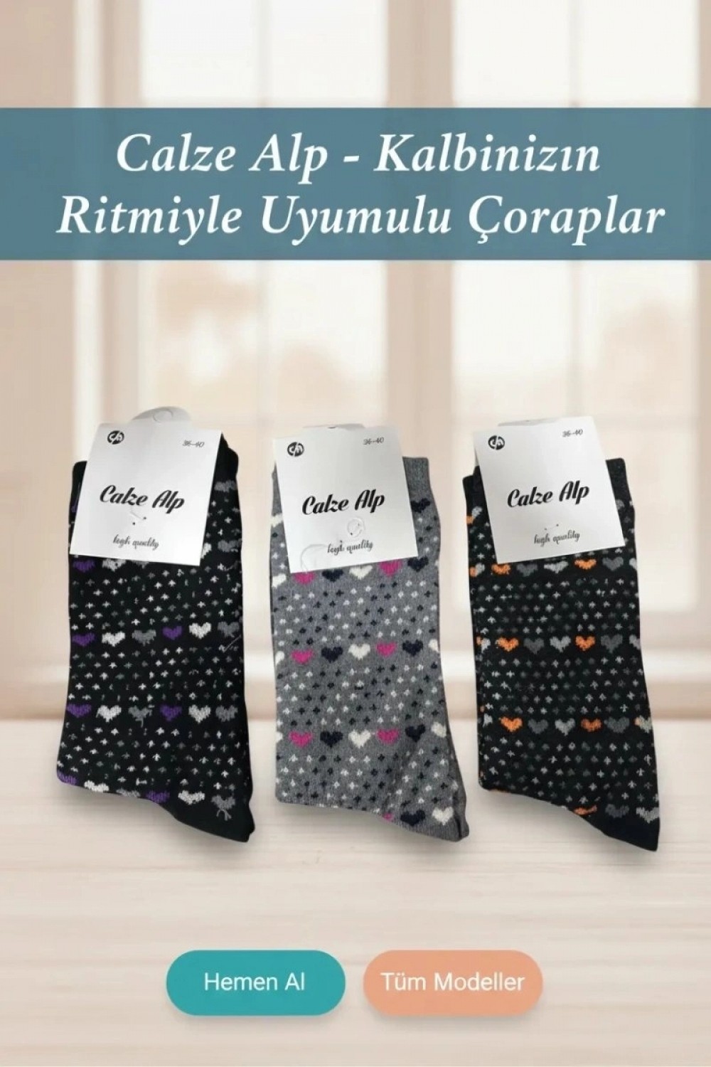 Hace Bazaar Barış Kalp Desenli Likralı Kadın Soket Çorap 1 Adet