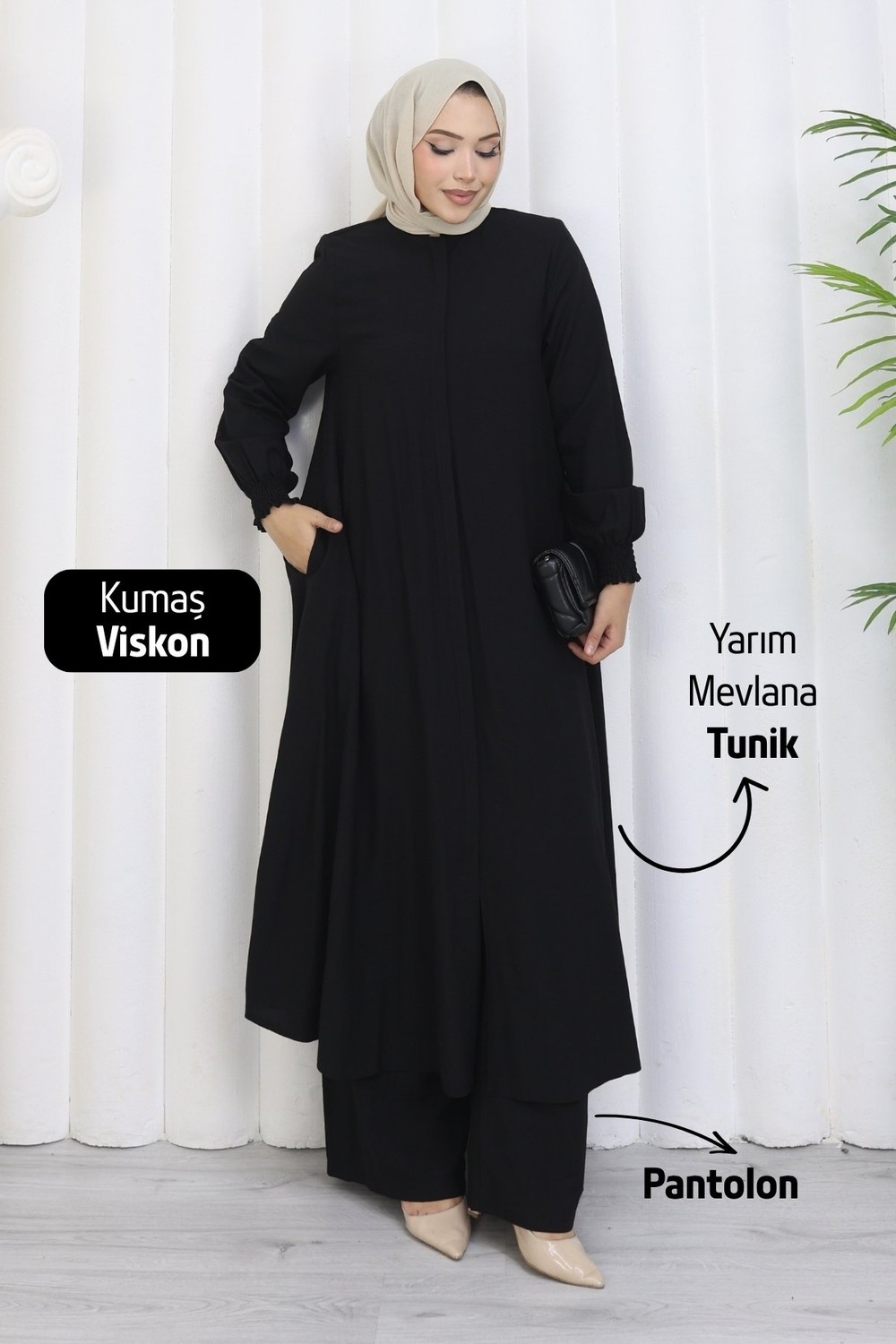 Moda Hayme Viskon Alt Üst Ikili Tesettür Takım Yarım Mevlana Tunik ve Pantolon Bir Arada Kahverengi