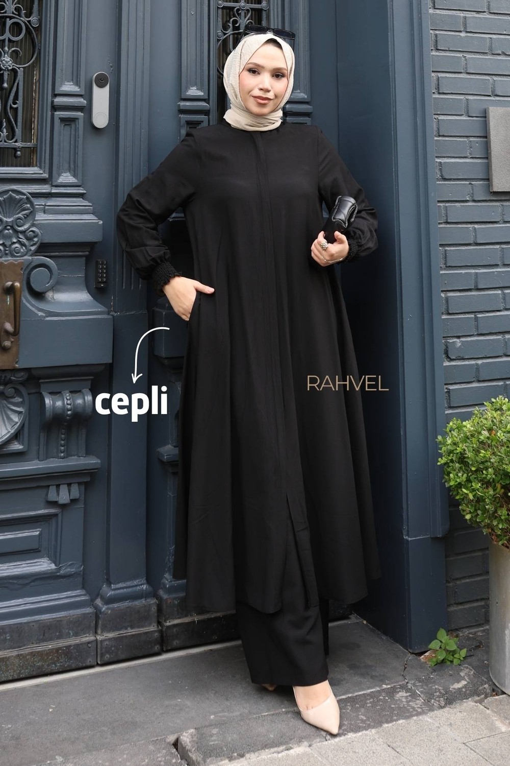 Moda Hayme Viskon Alt Üst Ikili Tesettür Takım Yarım Mevlana Tunik ve Pantolon Bir Arada Kahverengi görsel 3