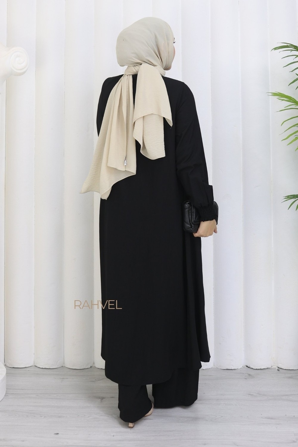 Moda Hayme Viskon Alt Üst Ikili Tesettür Takım Yarım Mevlana Tunik ve Pantolon Bir Arada Kahverengi görsel 5