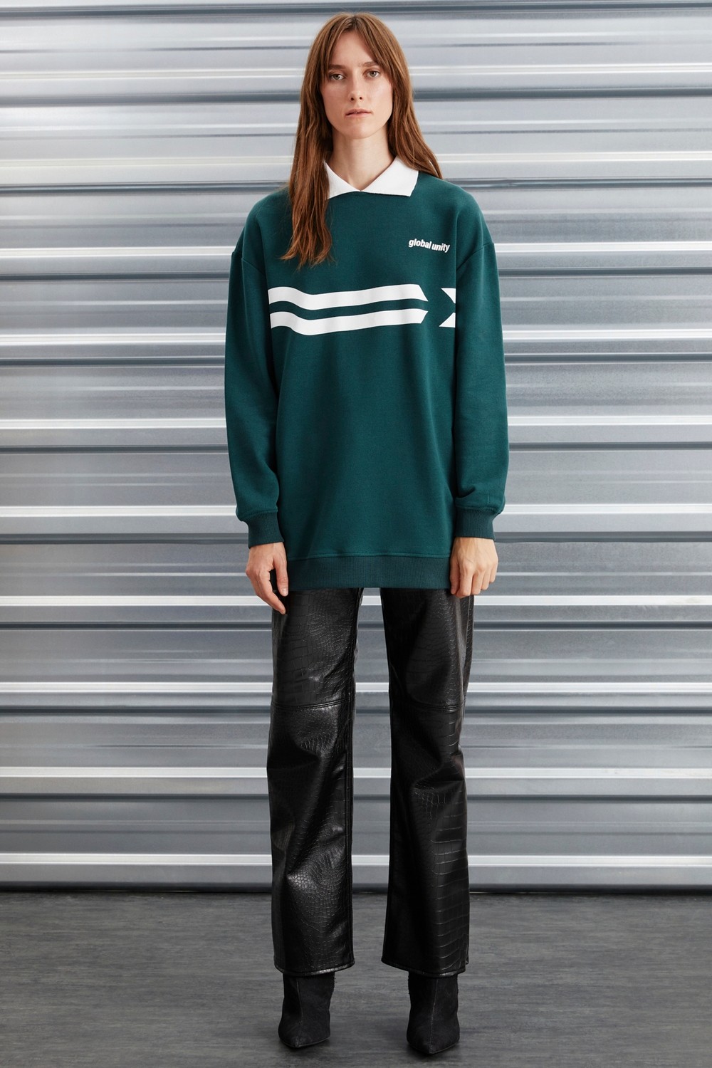 Ethiquet Arlene Kadın Içi Polarsız Polo Yaka Parça Baskı Detaylı Yeşil Sweatshirt