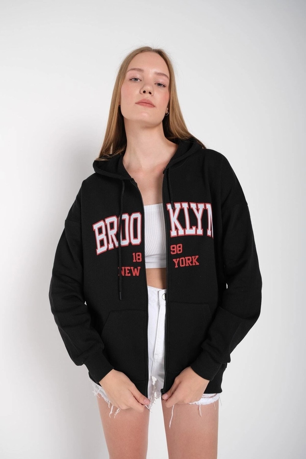 Tarzsokak Kadın Siyah Brooklyn Baskılı Oversize Hırka Brooklynhırka görsel 2