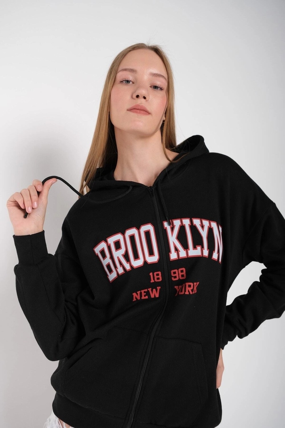 Tarzsokak Kadın Siyah Brooklyn Baskılı Oversize Hırka Brooklynhırka görsel 3