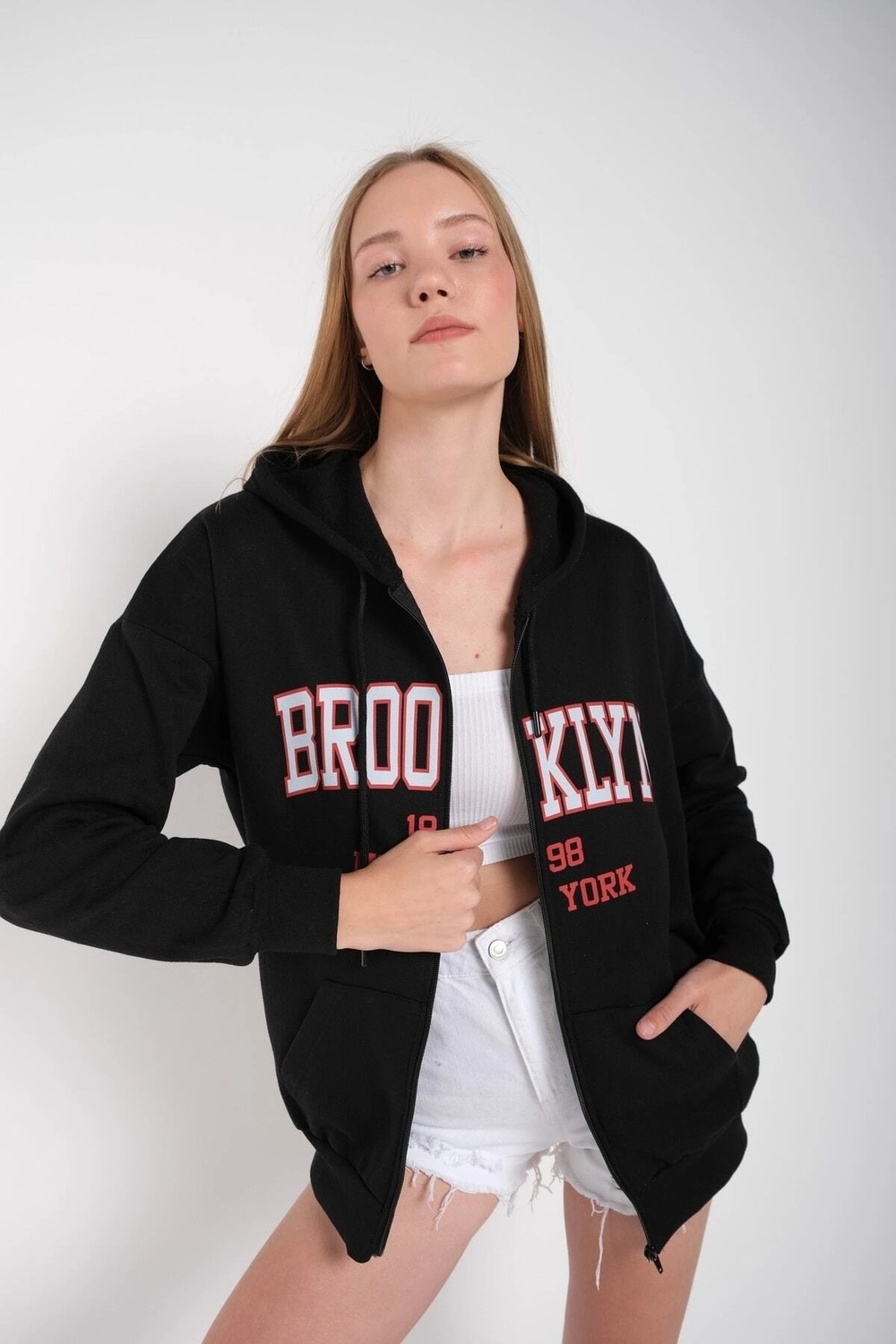 Tarzsokak Kadın Siyah Brooklyn Baskılı Oversize Hırka Brooklynhırka görsel 4