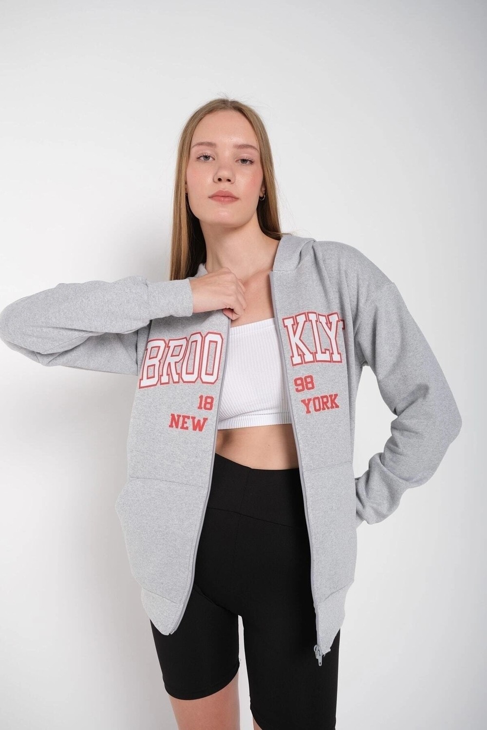 Tarzsokak Kadın Gri Brooklyn Baskılı Oversize Hırka Brooklynhırka