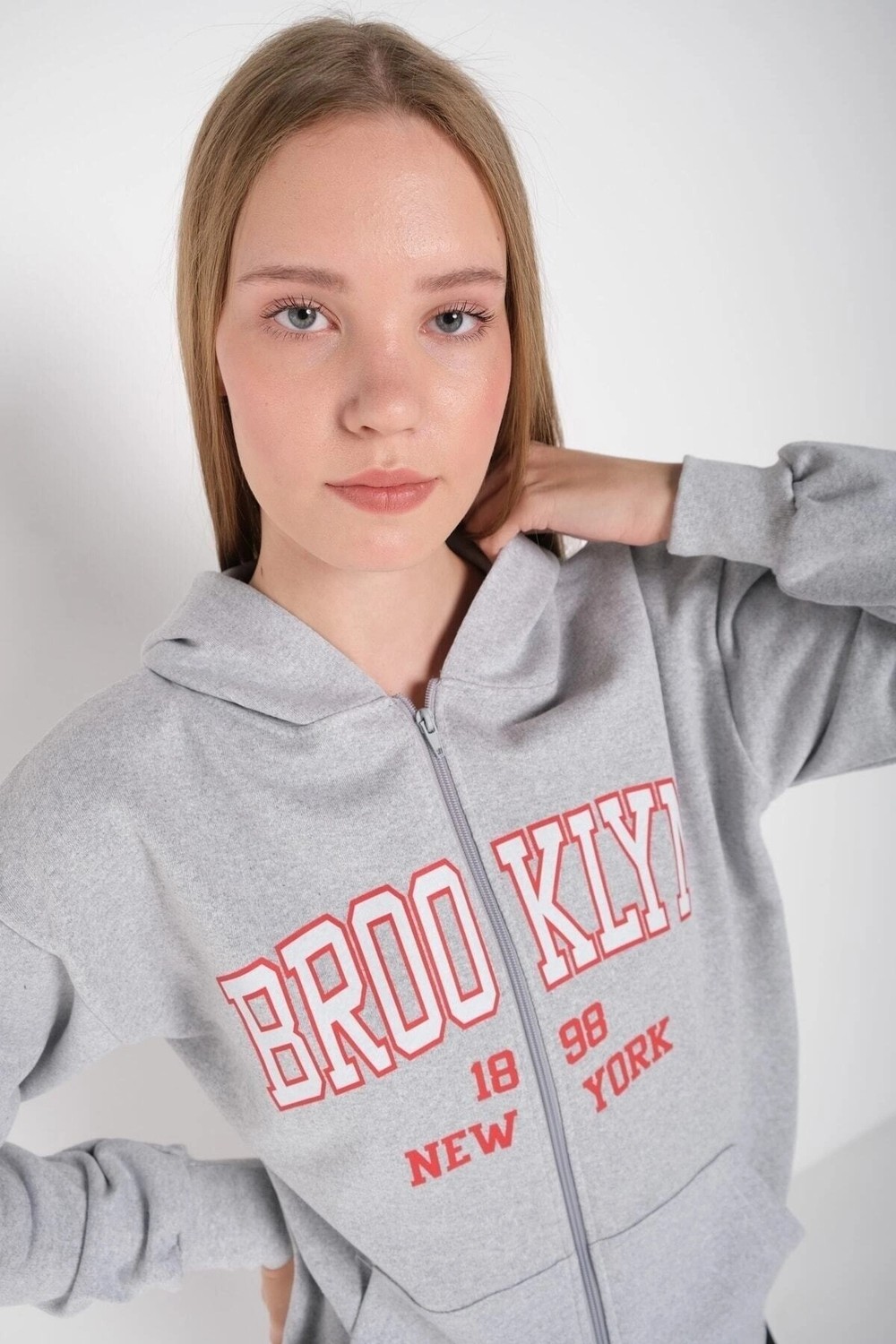 Tarzsokak Kadın Gri Brooklyn Baskılı Oversize Hırka Brooklynhırka görsel 2