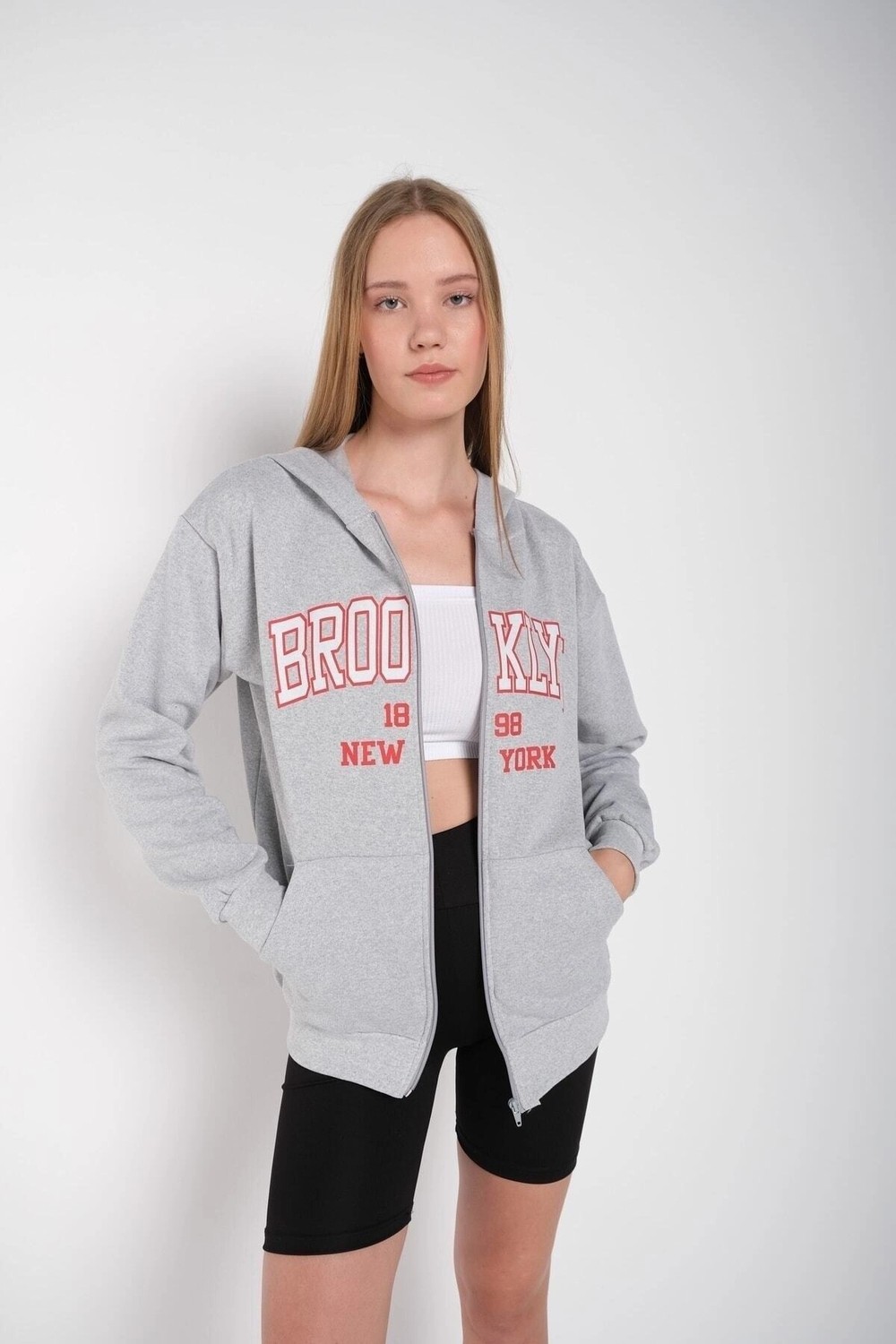 Tarzsokak Kadın Gri Brooklyn Baskılı Oversize Hırka Brooklynhırka görsel 3