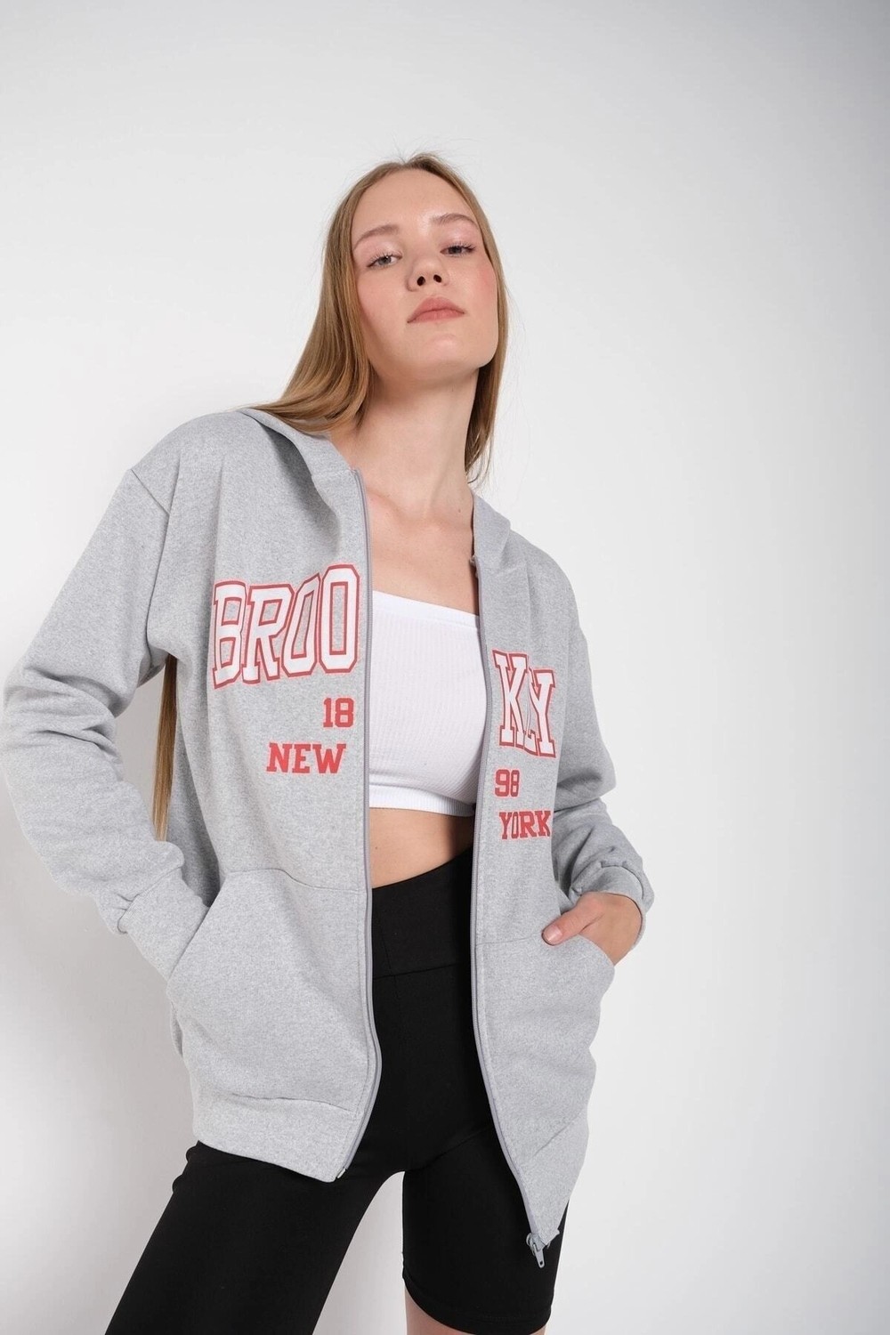 Tarzsokak Kadın Gri Brooklyn Baskılı Oversize Hırka Brooklynhırka görsel 4