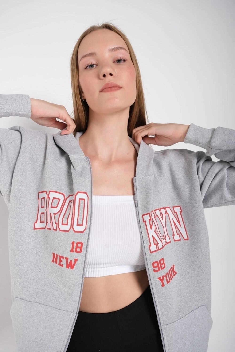 Tarzsokak Kadın Gri Brooklyn Baskılı Oversize Hırka Brooklynhırka görsel 5