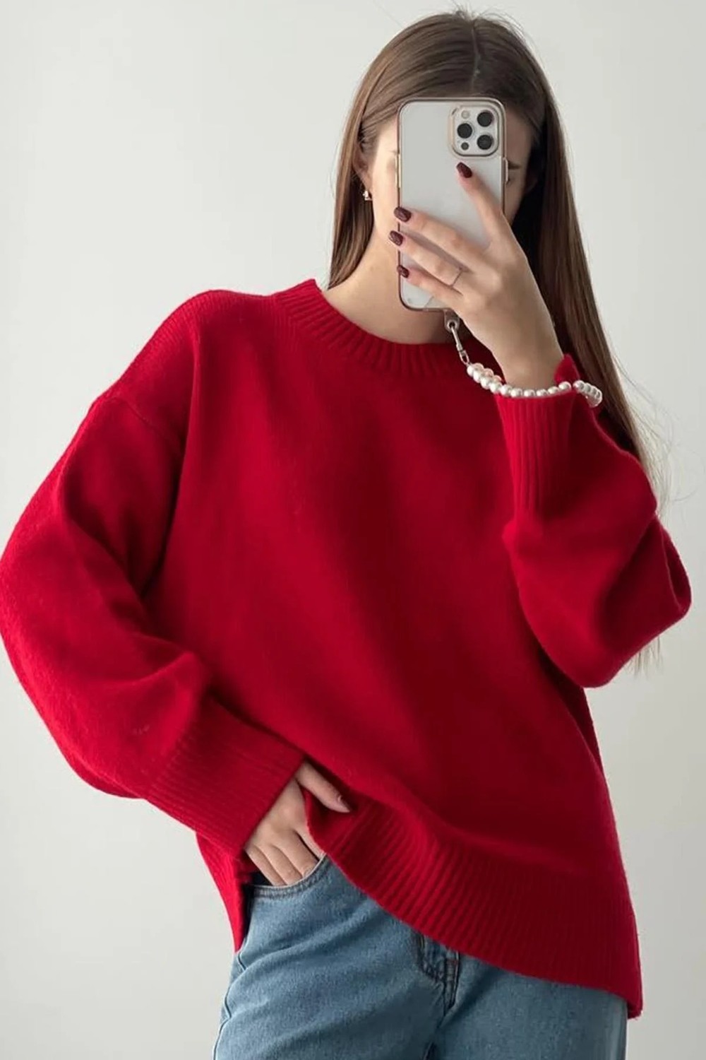 Madmext Kadın Kırmızı Oversize Triko Kazak Fermuarlı Yaka Günlük Stil MG1972