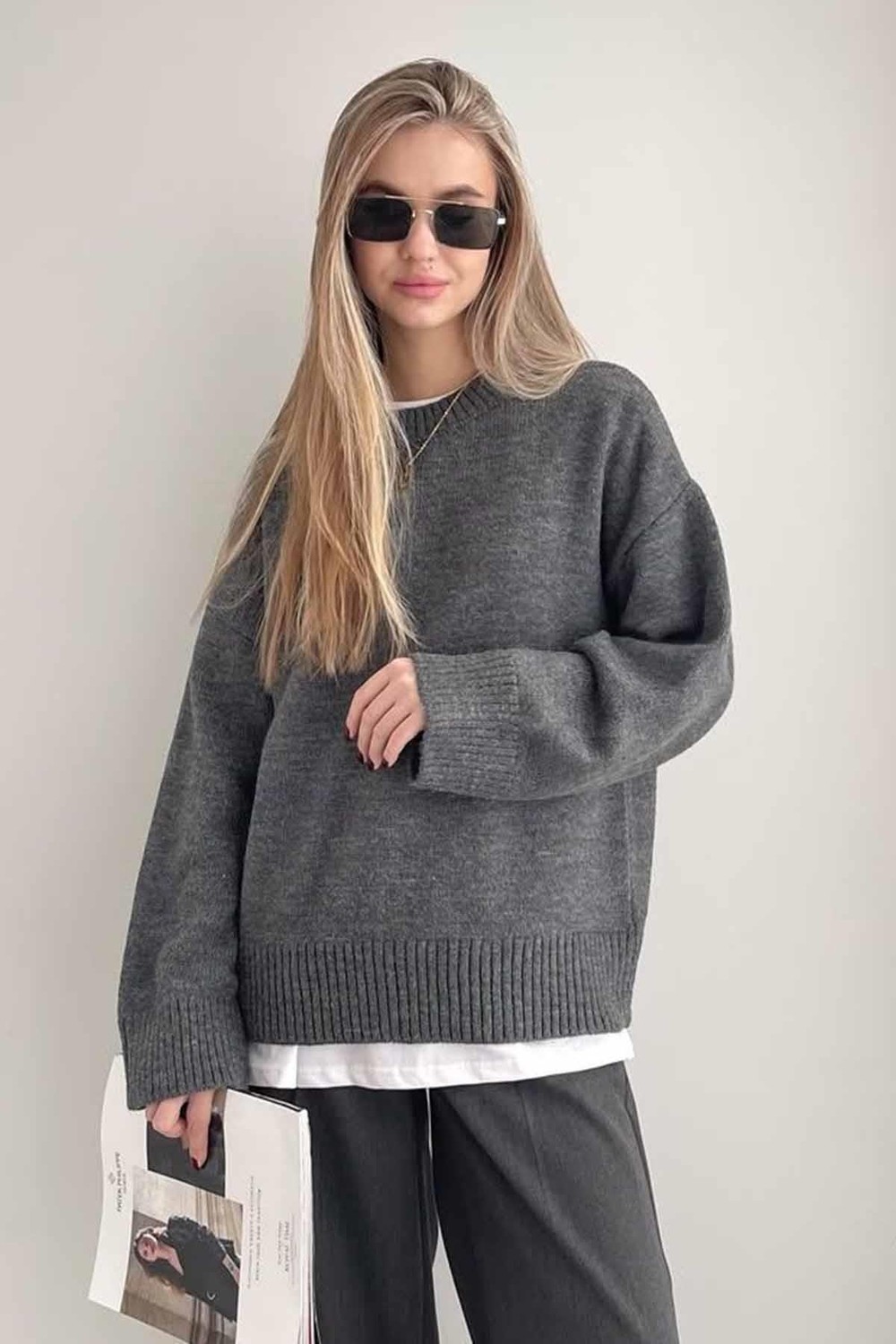 Madmext Kadın Kırmızı Oversize Triko Kazak Fermuarlı Yaka Günlük Stil MG1972 görsel 6