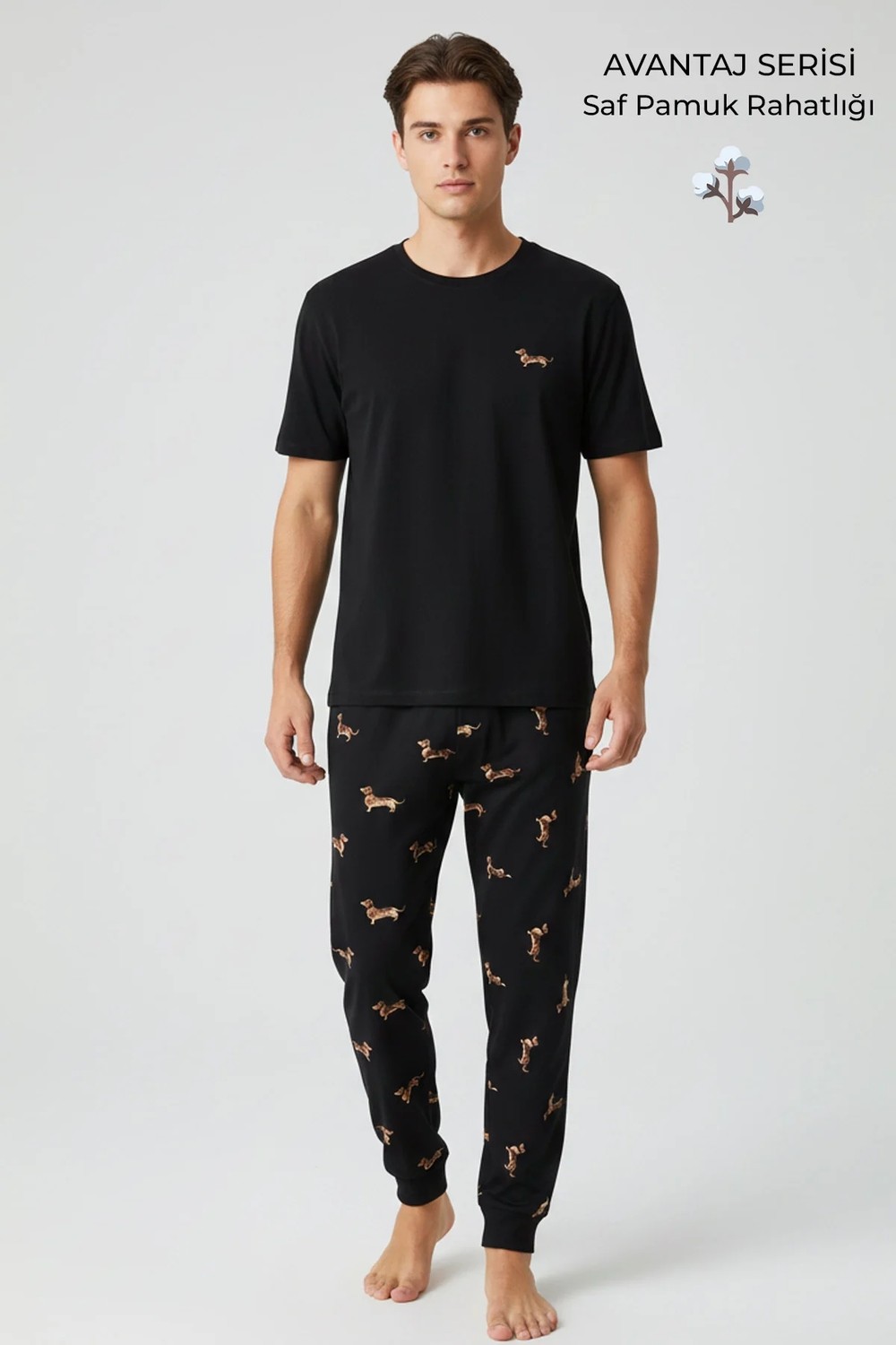 Mısırlı Pamuklu Kısa Kollu Pijama Takım Siyah