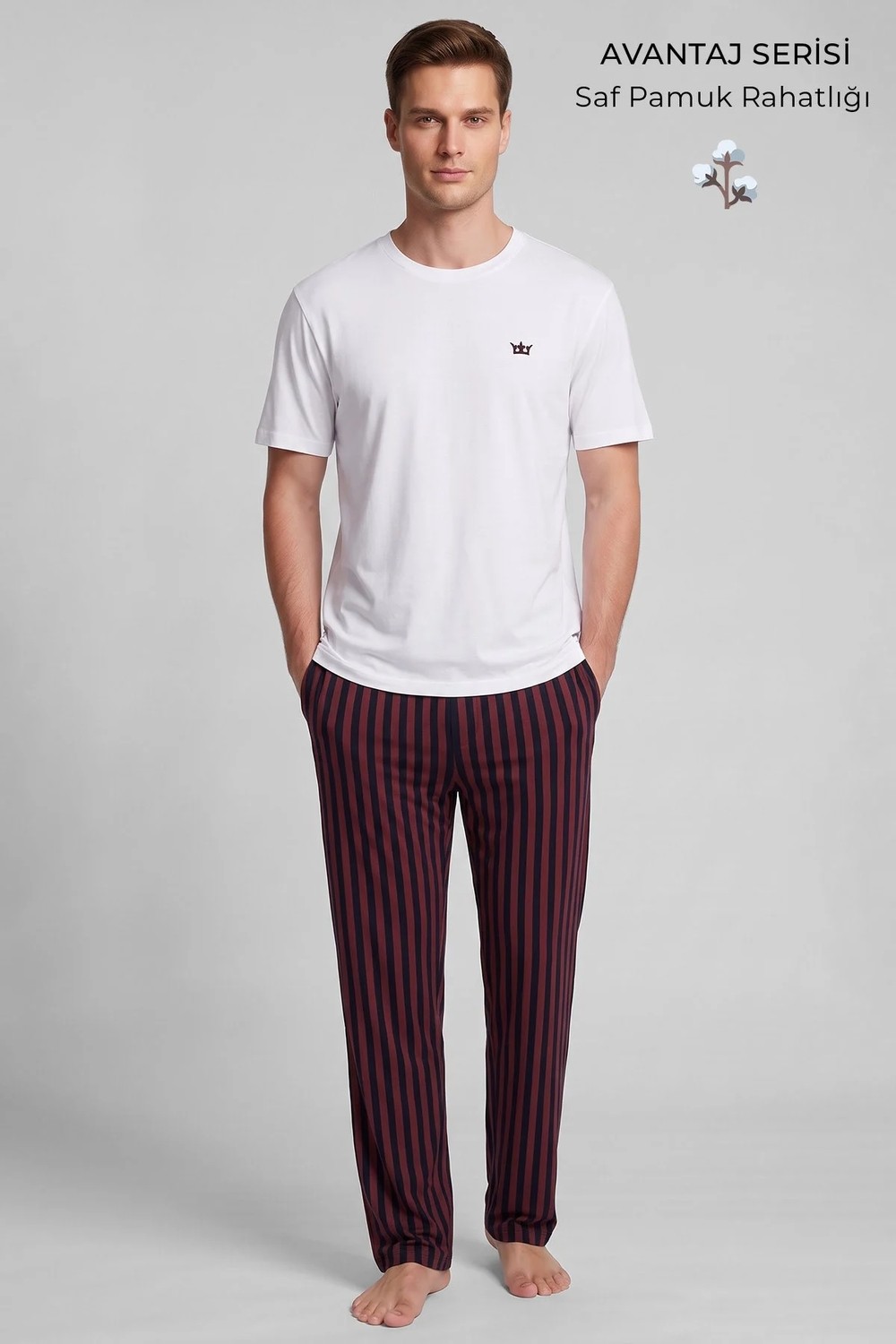 Mısırlı Erkek Pamuk Çizgili Pijama Takım Beyaz-Bordo