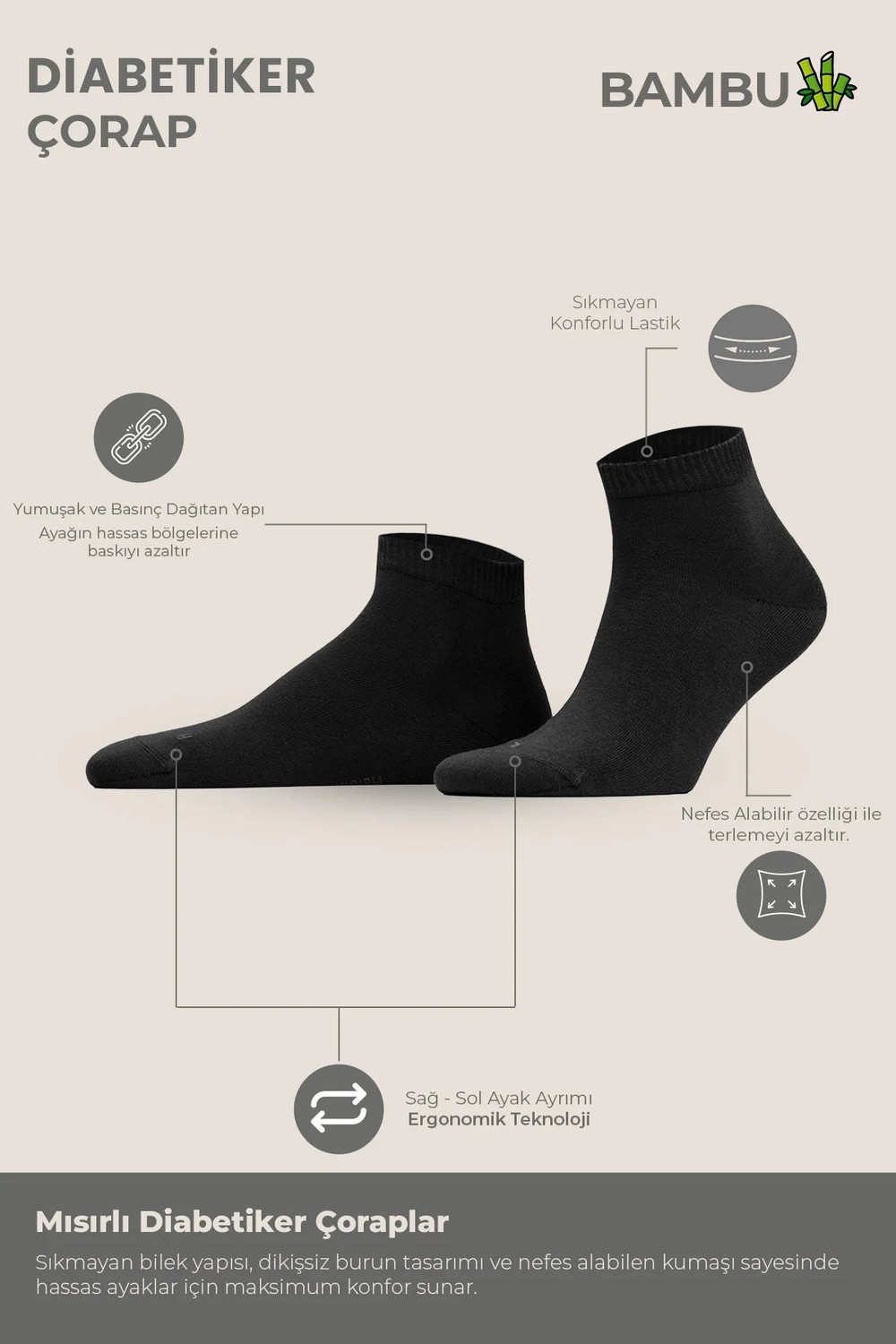 Mısırlı Unisex Bambu 5 Çift Diabetiker Lastiksiz Sneaker Çorap Siyah görsel 4