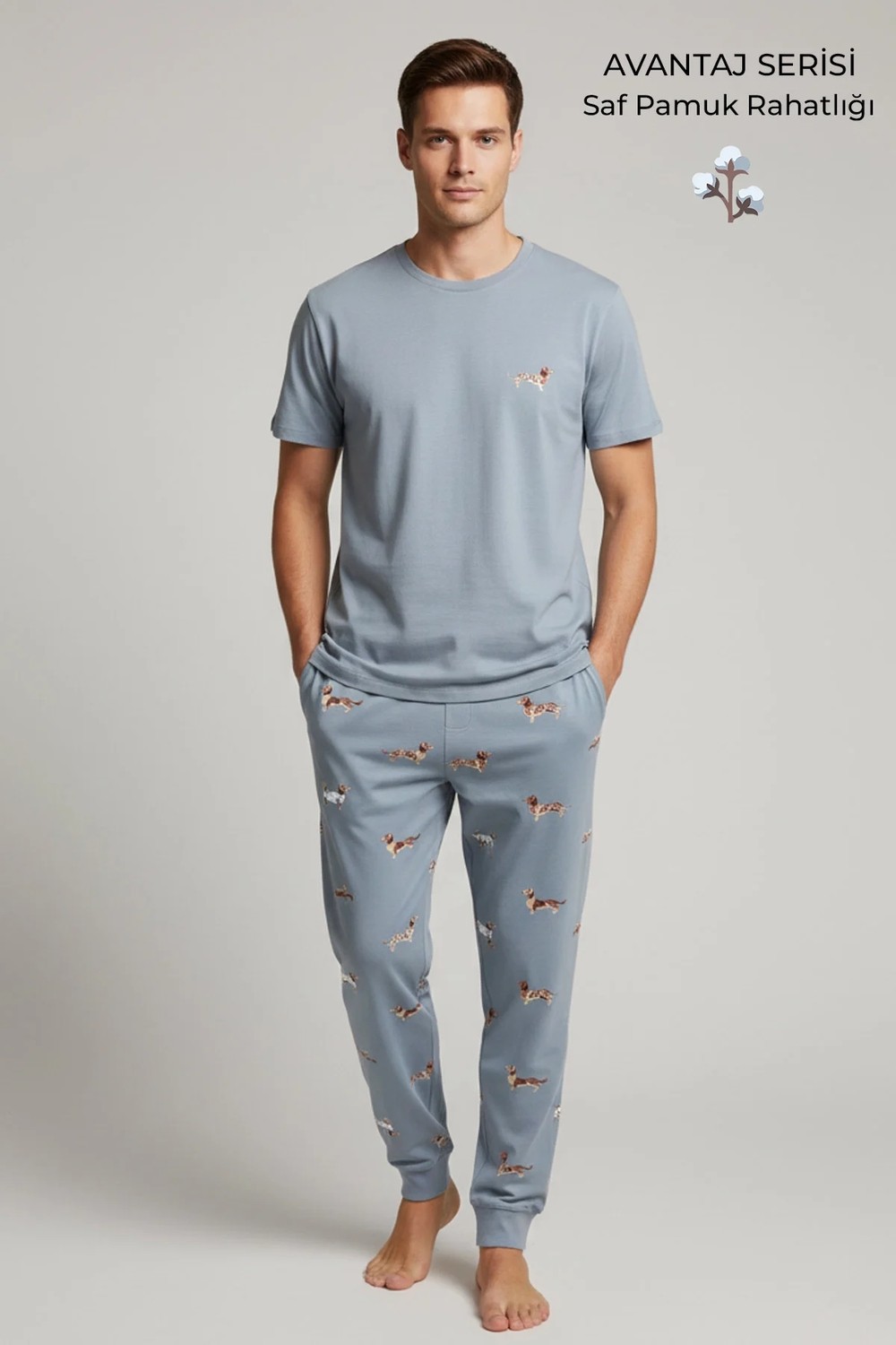 Mısırlı Pamuklu Kısa Kollu Pijama Takım Mavi