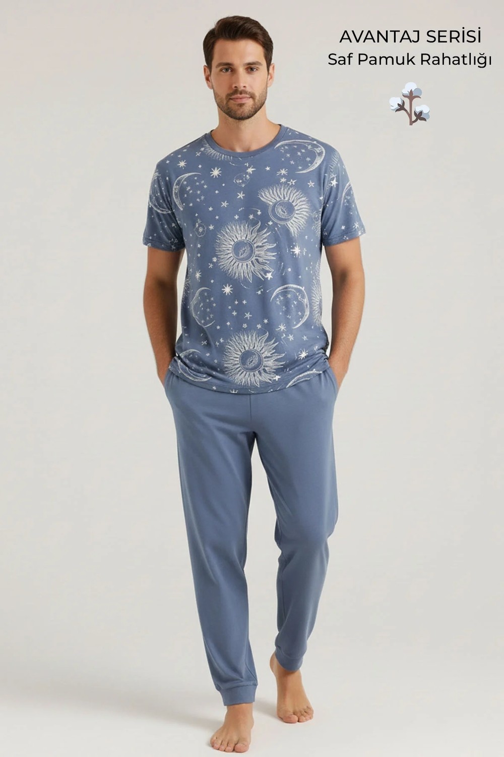 Mısırlı Pamuklu Kısa Kollu Pijama Takım Indigo