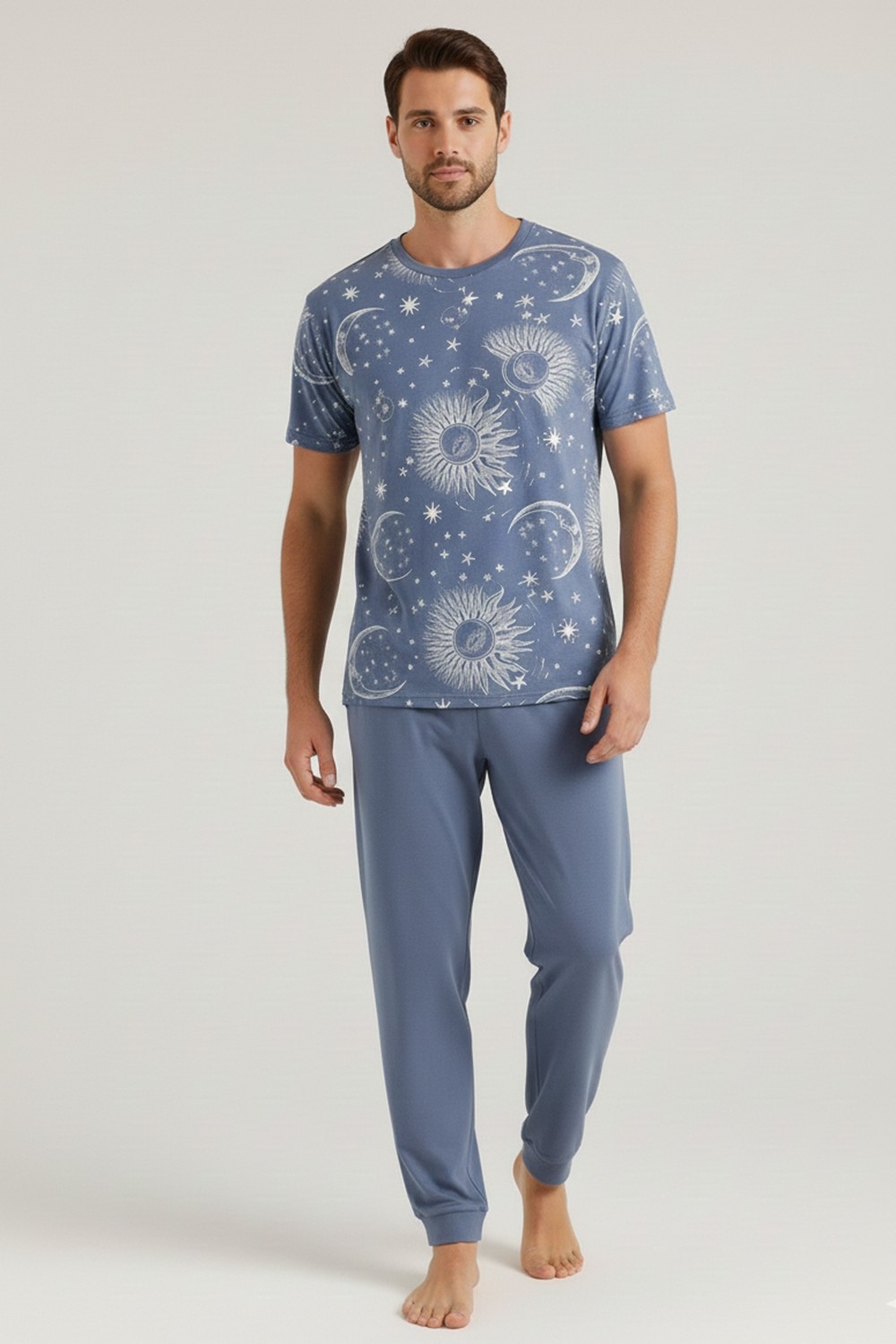 Mısırlı Pamuklu Kısa Kollu Pijama Takım Indigo görsel 2