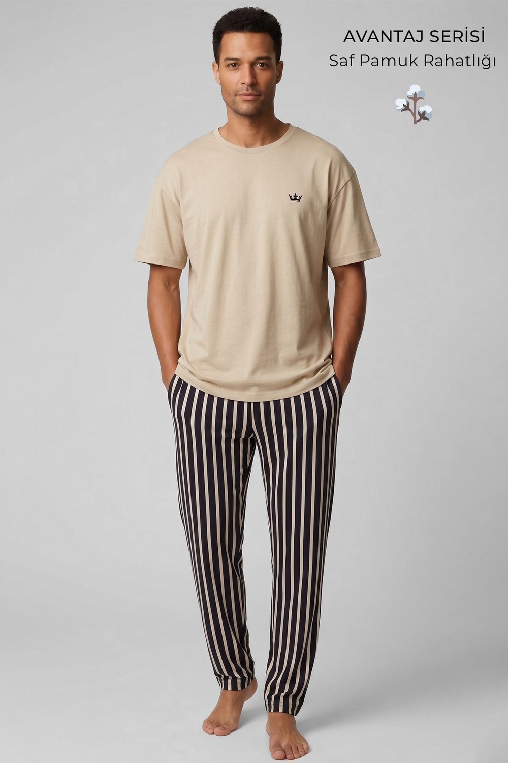 Mısırlı Erkek Pamuk Çizgili Pijama Takım Beyaz-Bordo