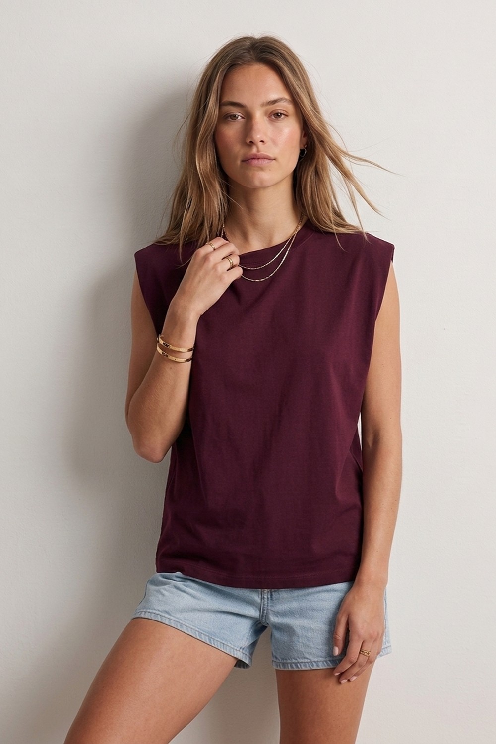elemge %100 Pamuk Süprem Tok Kumaş Kadın Oversize Bordo T-Shirt Geniş Omuzlu Dökümlü Kolsuz Bol Kalıp Compact Penye görsel 2
