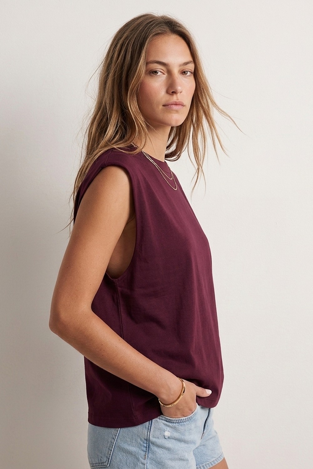 elemge %100 Pamuk Süprem Tok Kumaş Kadın Oversize Bordo T-Shirt Geniş Omuzlu Dökümlü Kolsuz Bol Kalıp Compact Penye görsel 3