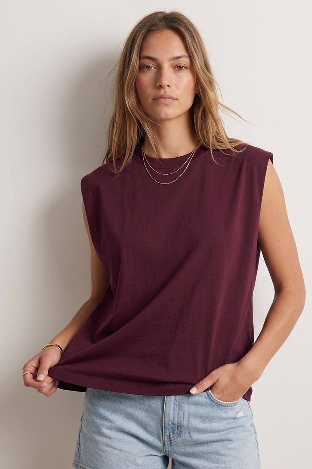 elemge %100 Pamuk Süprem Tok Kumaş Kadın Oversize Bordo T-Shirt Geniş Omuzlu Dökümlü Kolsuz Bol Kalıp Compact Penye görsel 5