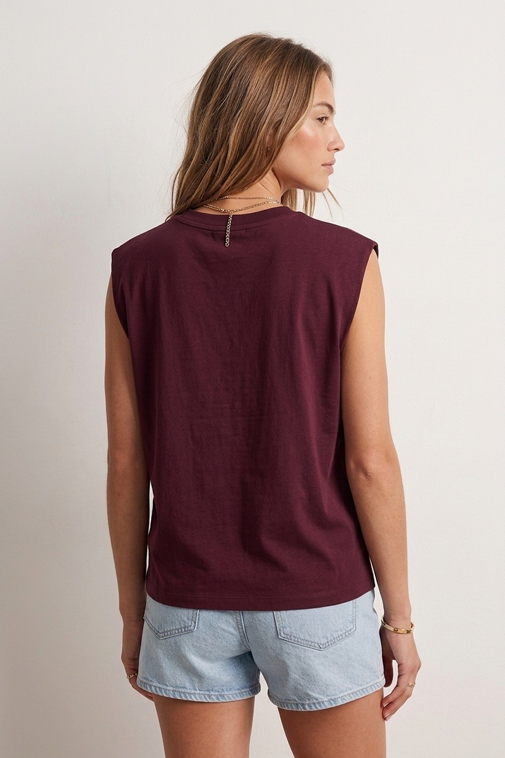 elemge %100 Pamuk Süprem Tok Kumaş Kadın Oversize Bordo T-Shirt Geniş Omuzlu Dökümlü Kolsuz Bol Kalıp Compact Penye görsel 6