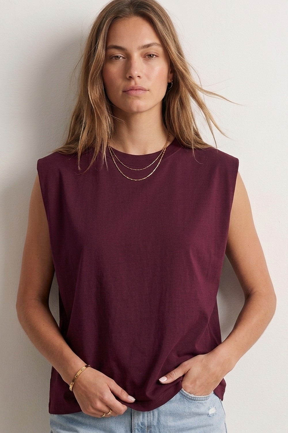 elemge %100 Pamuk Süprem Tok Kumaş Kadın Oversize Bordo T-Shirt Geniş Omuzlu Dökümlü Kolsuz Bol Kalıp Compact Penye görsel 7
