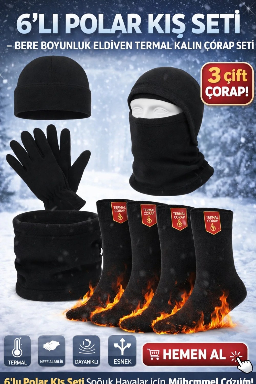 Mrc Tactical 6’lı Polar Kış Seti, 3 Çift Kalın Kışlık Çorap 1 Bere 1 Boyunluk 1 Çift Eldiven Termal / Thermal