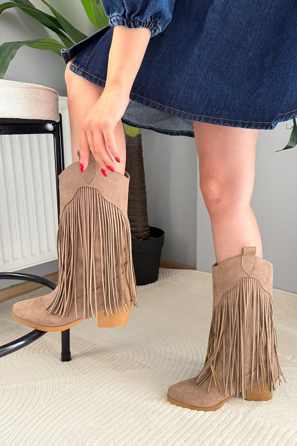 Preshley Kadın Dakota Taba Süet Püsküllü 5 cm Topuklu Kovboy Çizme görsel 8