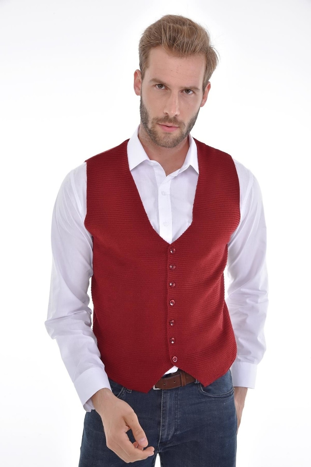 Çizgi Triko Erkek Düğmeli Spor / Klasik Triko Örme Kolsuz Taş Yelek Regular Kalıp - 4430LS