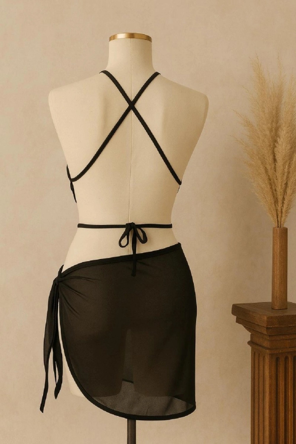 Hace Bazaar Kadın Siyah Çapraz Bağlamalı Crop ve Pareo 2'li Set görsel 2