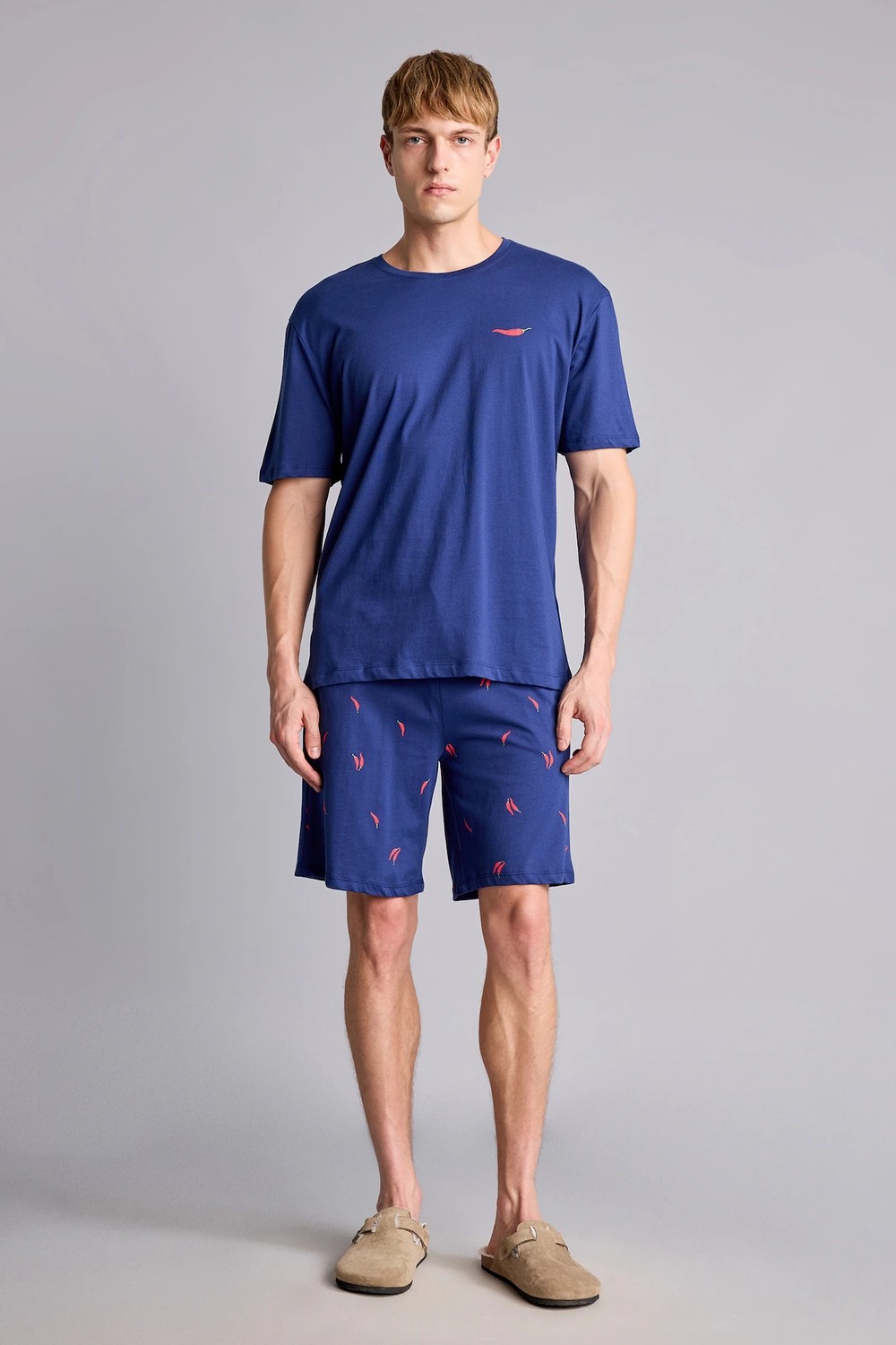 DeFacto %100 Pamuk New Regular Fit Kısa Kollu 2'li İndigo Şortlu Pijama Takımı I0686AX26HS görsel 2