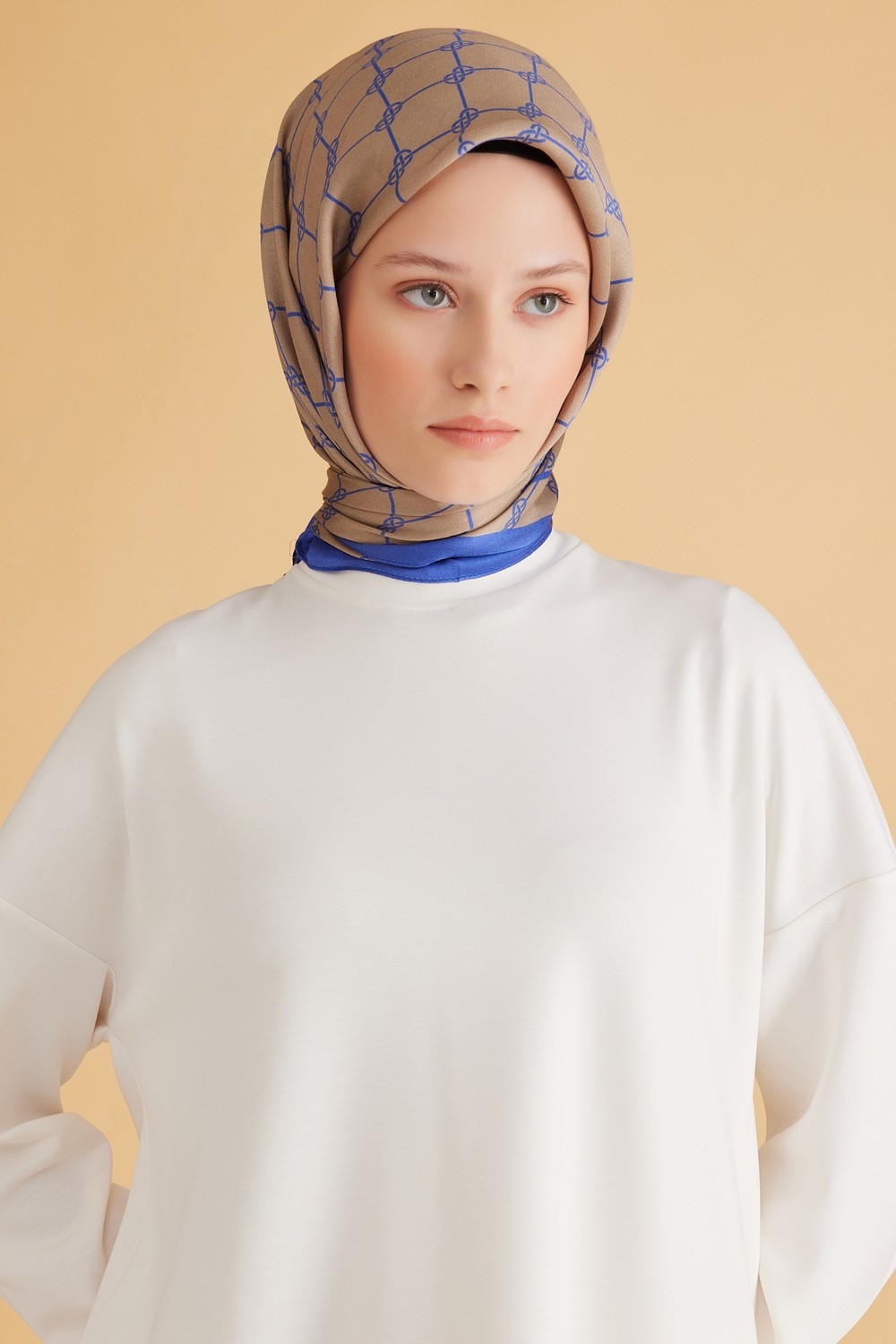 Belli Fresh Geometrik Desen Saks Bej Pure Eşarp 7 - 27