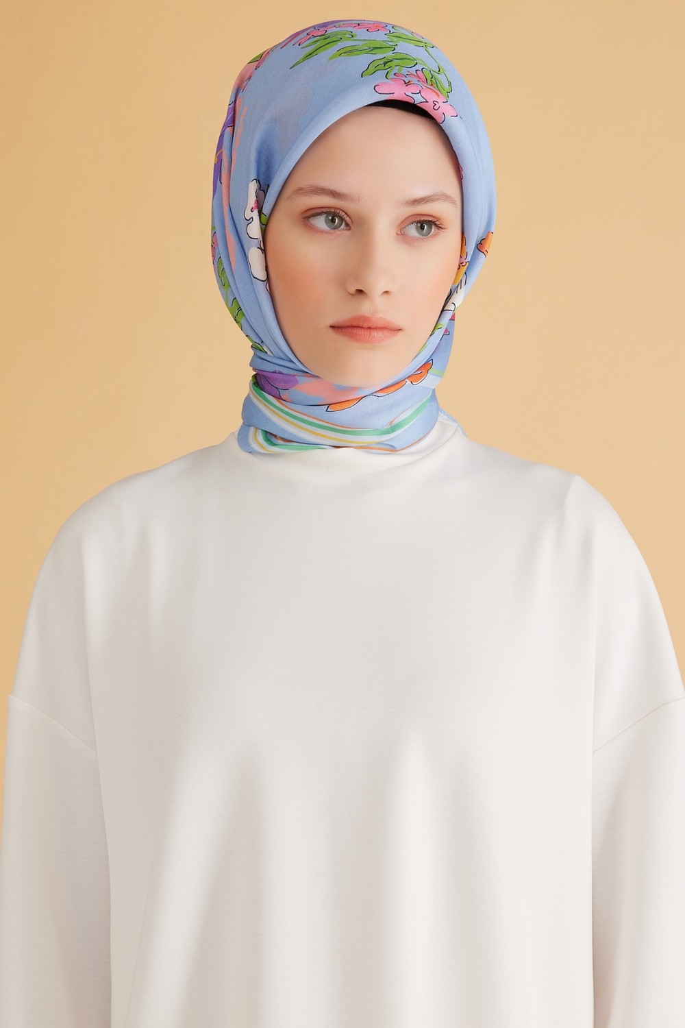 Belli Fresh Çiçek Desen Mavi Pure Eşarp 1 - 01