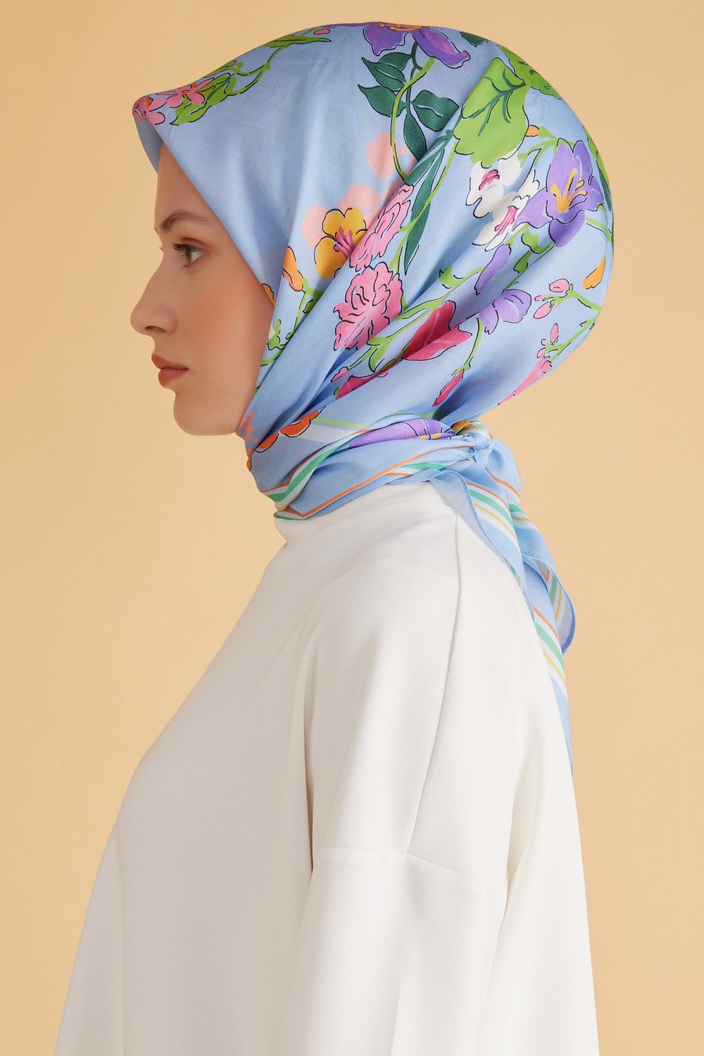 Belli Fresh Çiçek Desen Mavi Pure Eşarp 1 - 01 görsel 2