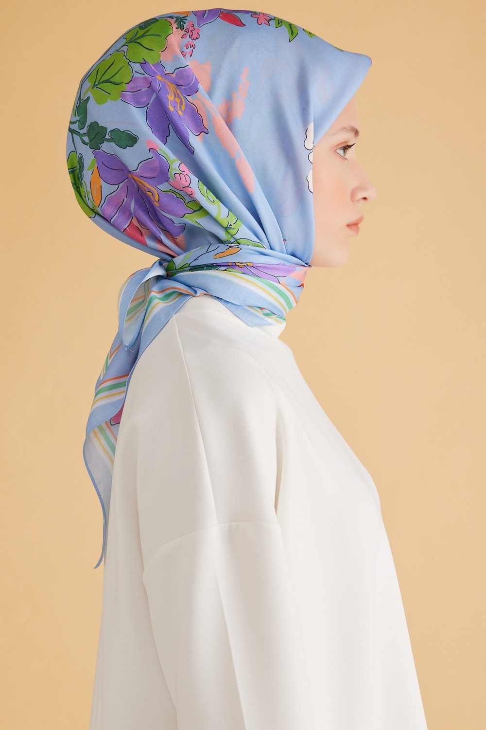 Belli Fresh Çiçek Desen Mavi Pure Eşarp 1 - 01 görsel 3