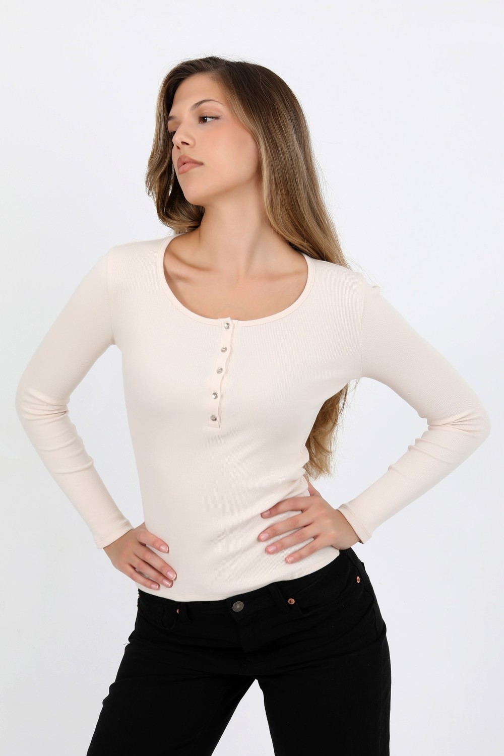 Hdm Kadın Siyah Uzun Kollu Fitilli Patlı Düğmeli Basic Örme Bluz - H6162