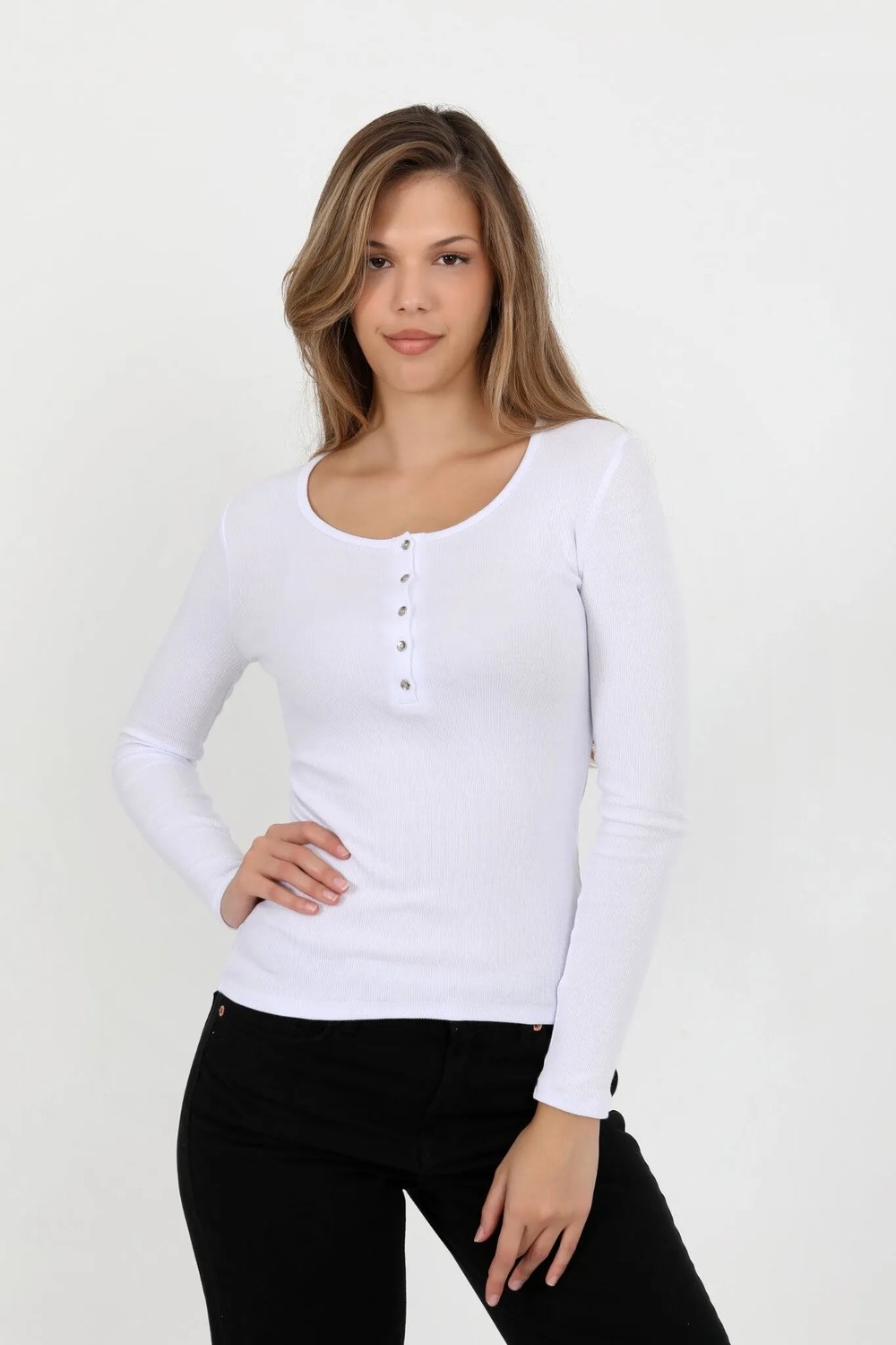 Hdm Kadın Siyah Uzun Kollu Fitilli Patlı Düğmeli Basic Örme Bluz - H6162