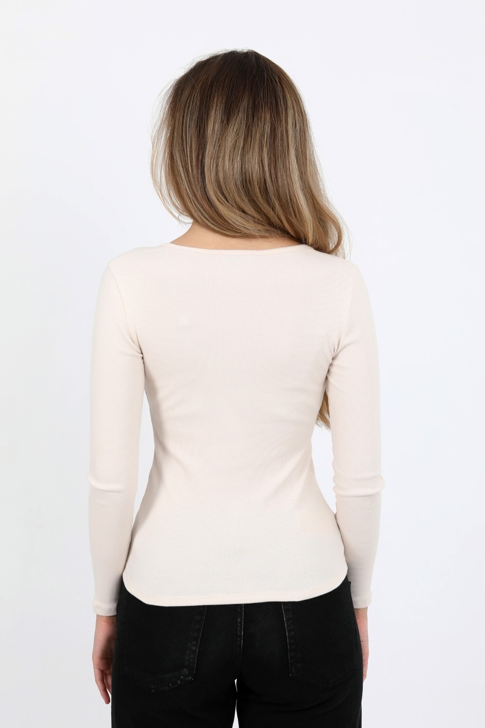 Hdm Kadın Siyah Uzun Kollu Fitilli Patlı Düğmeli Basic Örme Bluz - H6162 görsel 5