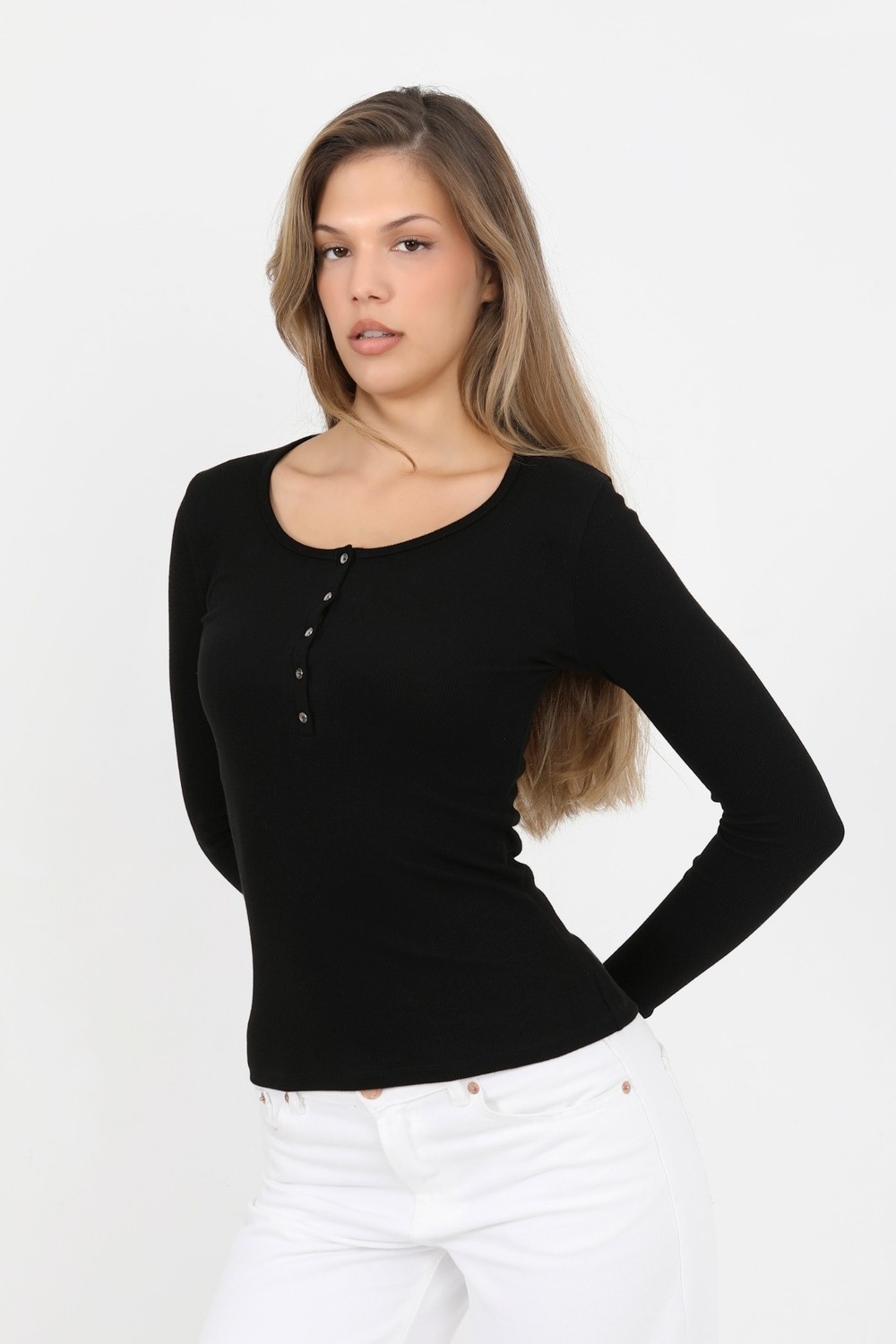 Hdm Kadın Siyah Uzun Kollu Fitilli Patlı Düğmeli Basic Örme Bluz - H6162 görsel 8