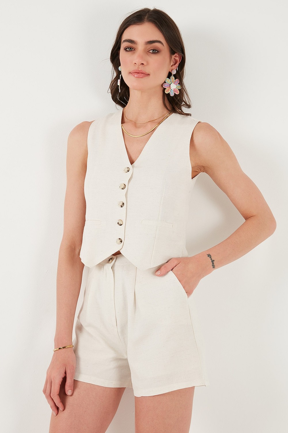 Lela Pamuk ve Keten Karışımlı Slim Fit Yelek Şort Takım Bayan Takım 5866118 görsel 4