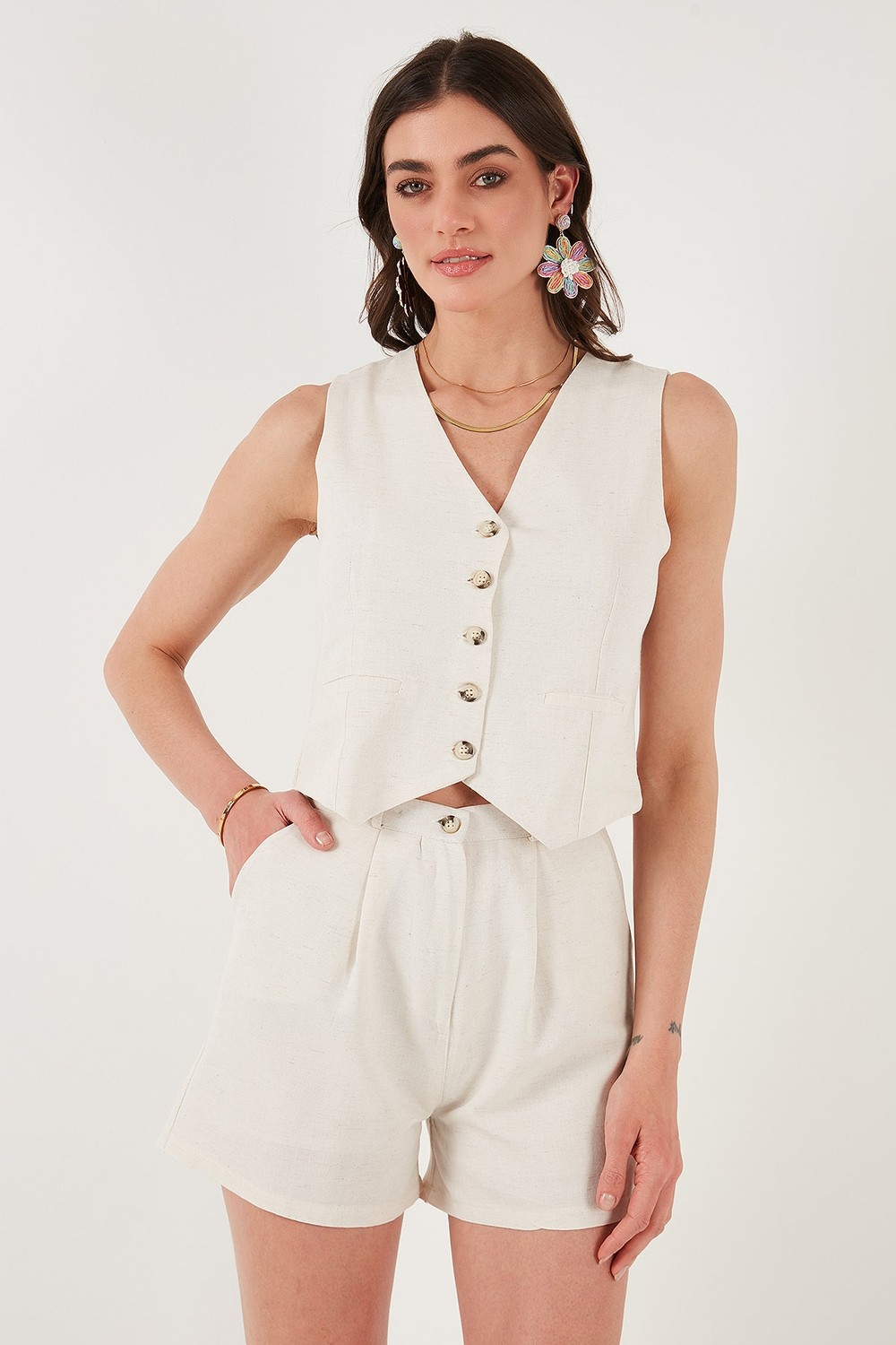 Lela Pamuk ve Keten Karışımlı Slim Fit Yelek Şort Takım Bayan Takım 5866118 görsel 6