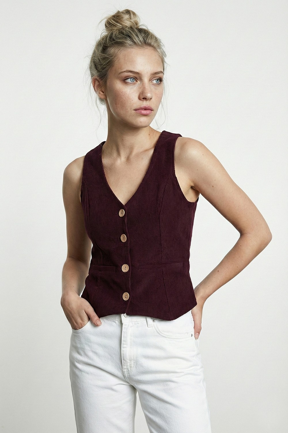 Lela Fittili Regular Fit V Yaka Düğmeli Yelek Bayan Yelek 5866559 görsel 2