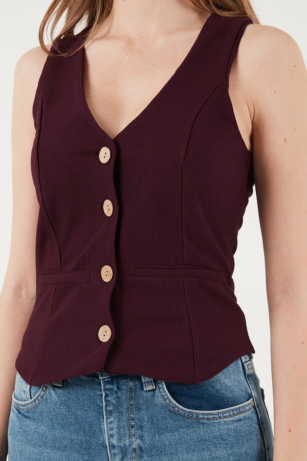 Lela Fittili Regular Fit V Yaka Düğmeli Yelek Bayan Yelek 5866559 görsel 6