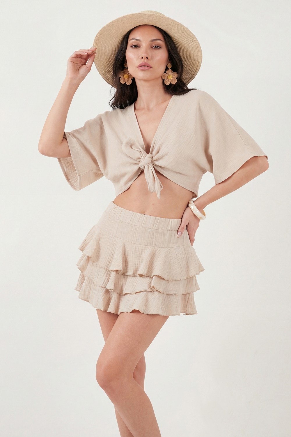 Lela Pamuklu Regular Fit Fırfırlı Mini Müslin Şort Etek Bayan Etek 5866662 görsel 4